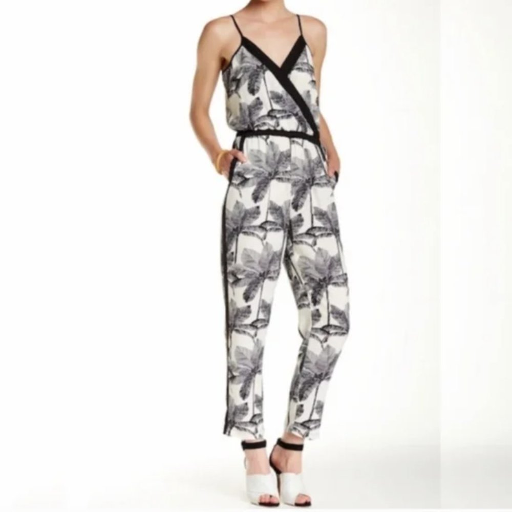 Daniel Rainn Black and Ivory Cream Jumpsuit Palm Tree Print w/ Pockets